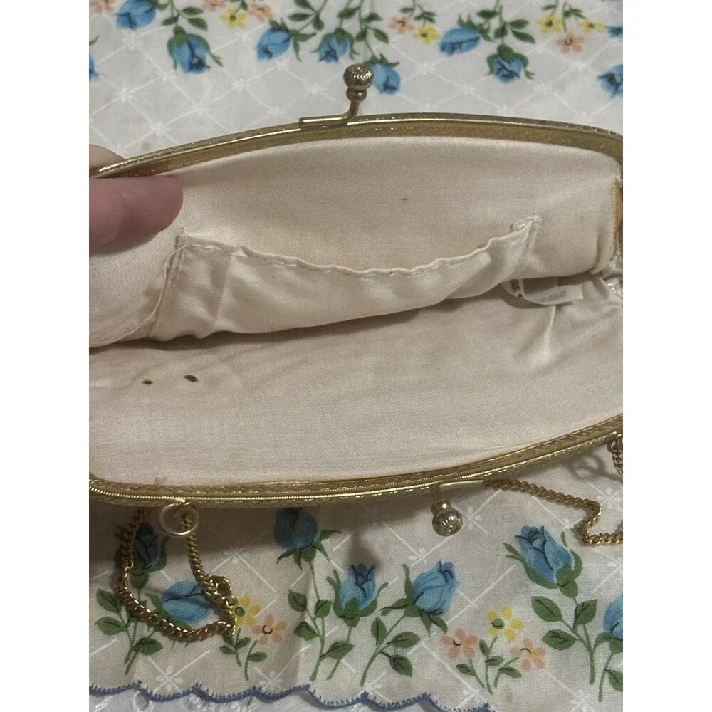 Vintage 1960s Beaded Floral Evening Bag Ivory Metal Frame Chain Strap Hong Kong